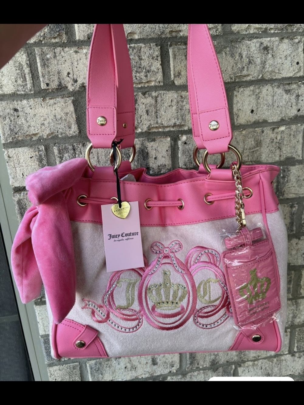 Juicy Couture Pink Embroidered Crown Tote with Gold Accents